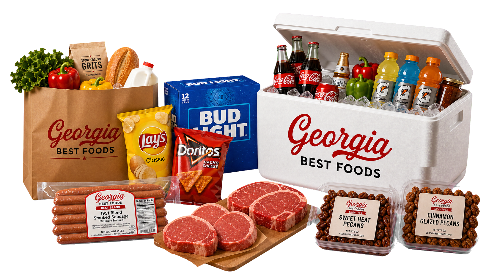Spread of Georgia Best Foods offerings: groceries, butcher meats, smoked sausage, cold drinks, ice, and desserts