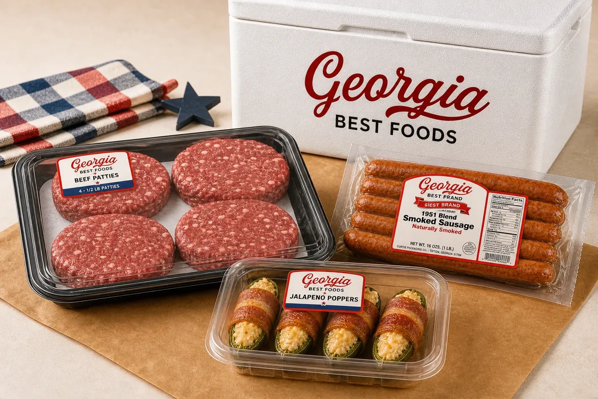 Georgia Best $17.76 Bundle: four half-pound burger patties, a pack of Georgia Best 1951 smoked sausage, and four bacon-wrapped jalapeño poppers