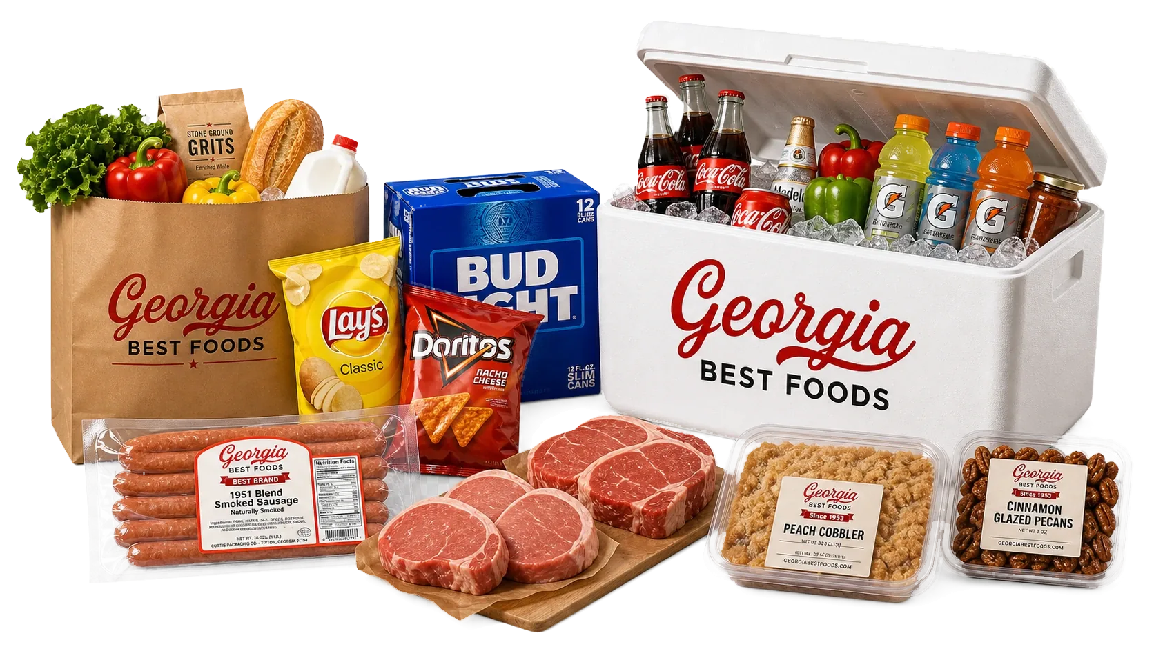 Spread of Georgia Best Foods offerings: groceries, butcher meats, smoked sausage, cold drinks, ice, and desserts